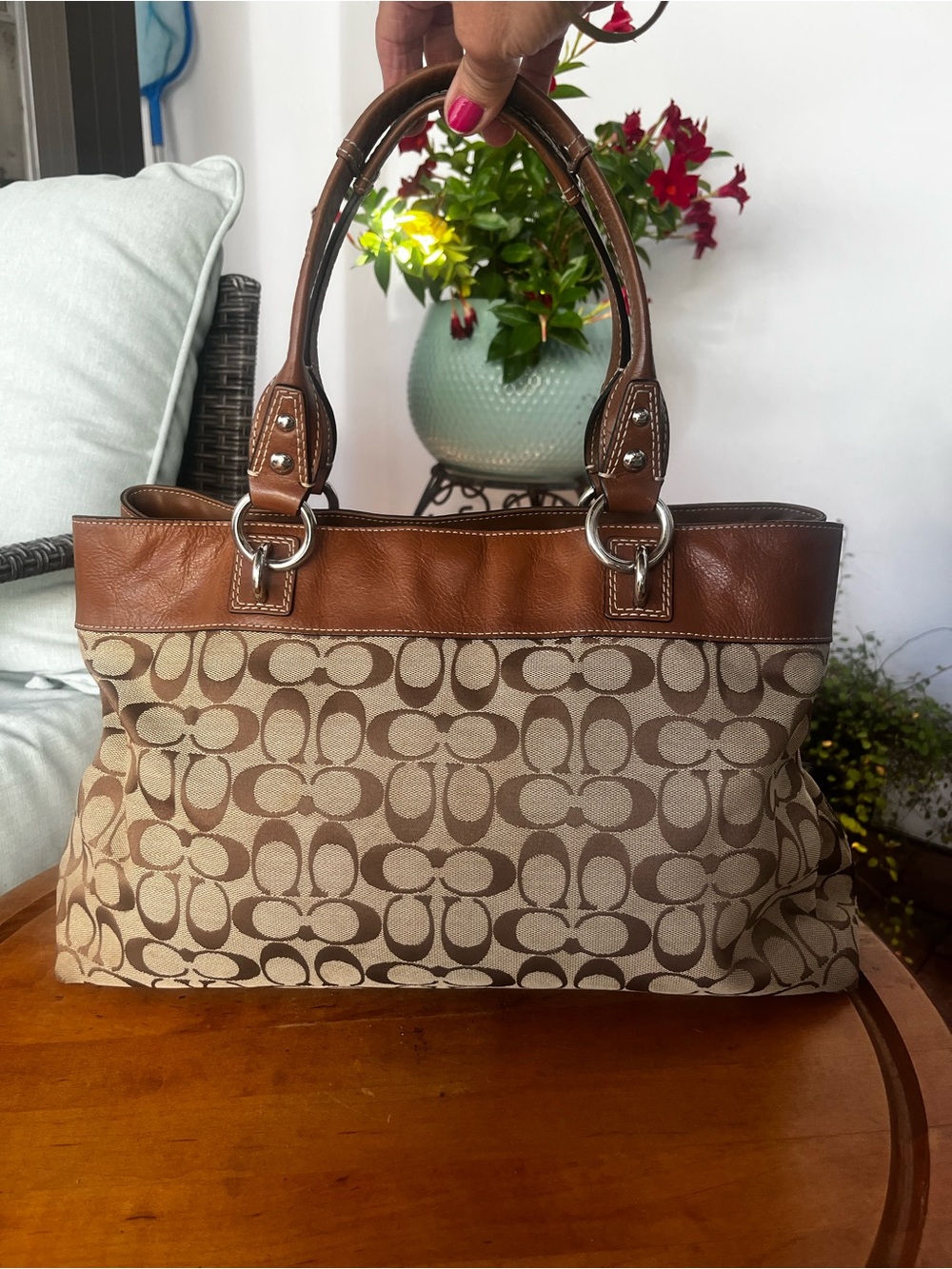 Coach Brown and Cream Signature Canvas Tote with Leather Trim - Picture 3 of 10